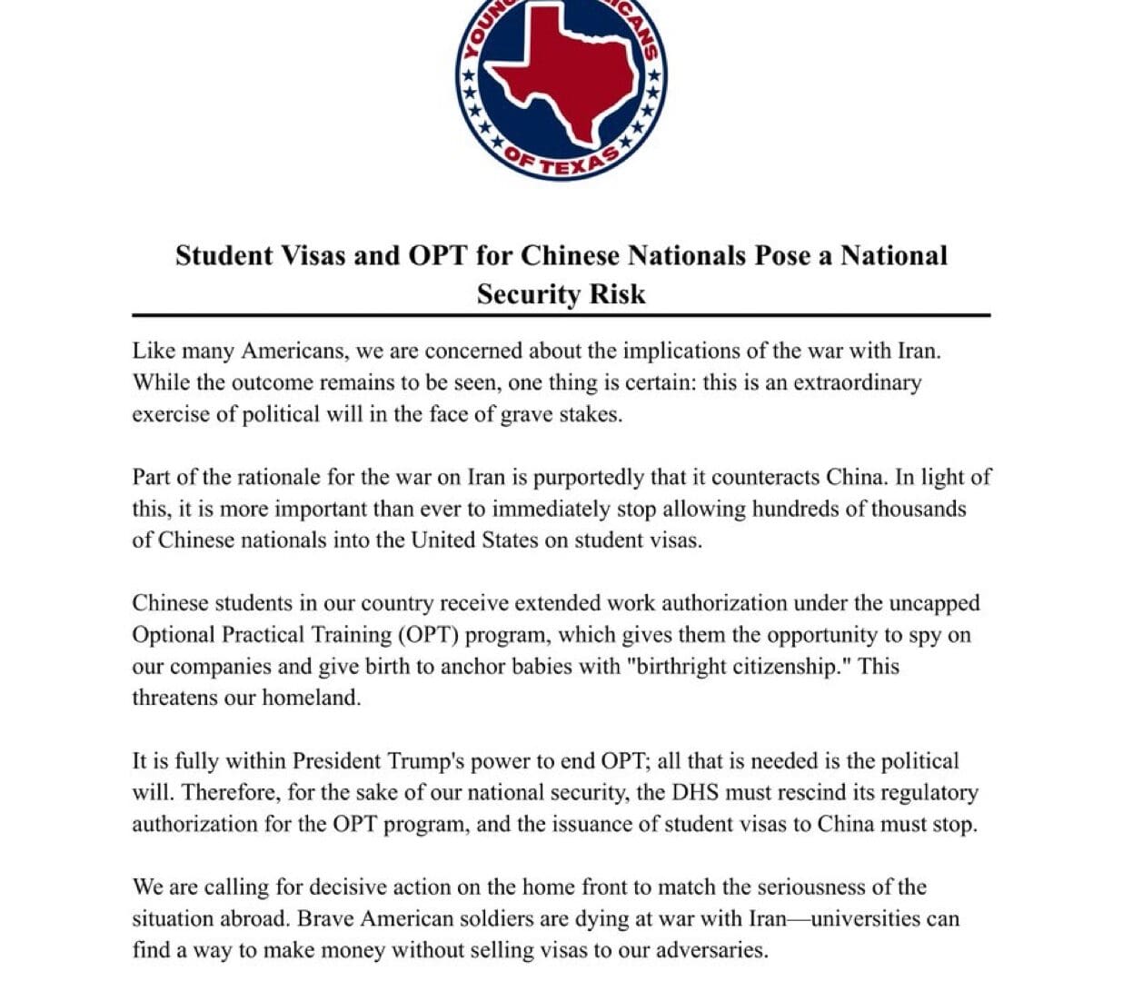 Young Republicans of Texas statement calling to end the OPT program and stop student visas for Chinese nationals as a national security risk
