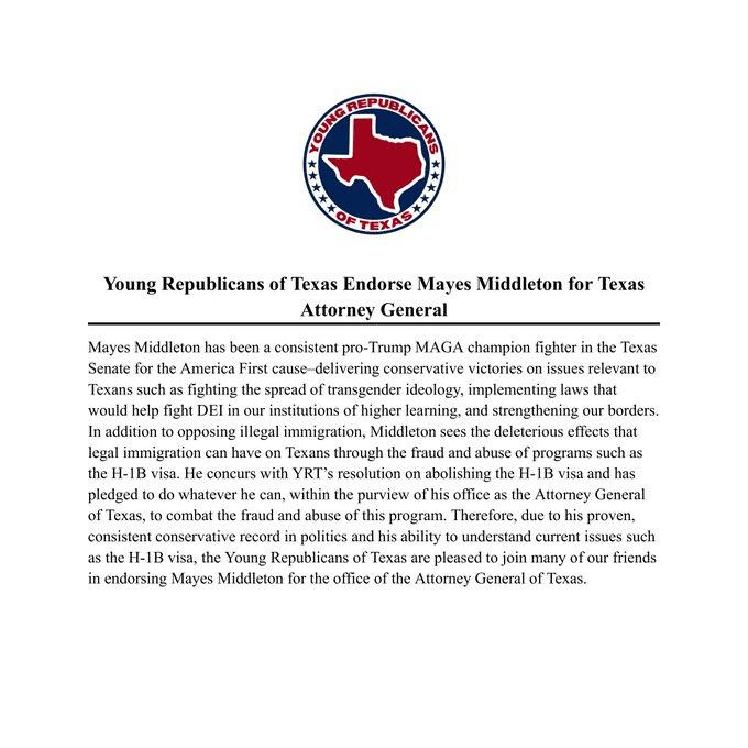 Young Republicans of Texas endorsement of Mayes Middleton for Texas Attorney General