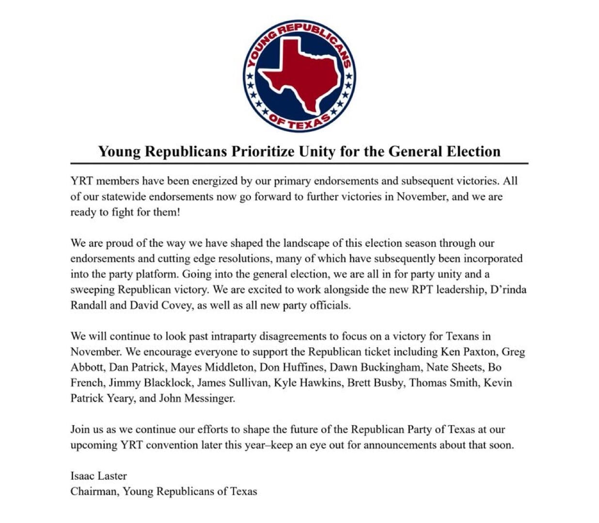 Young Republicans of Texas letter prioritizing party unity for the 2026 general election, signed by Chairman Isaac Laster