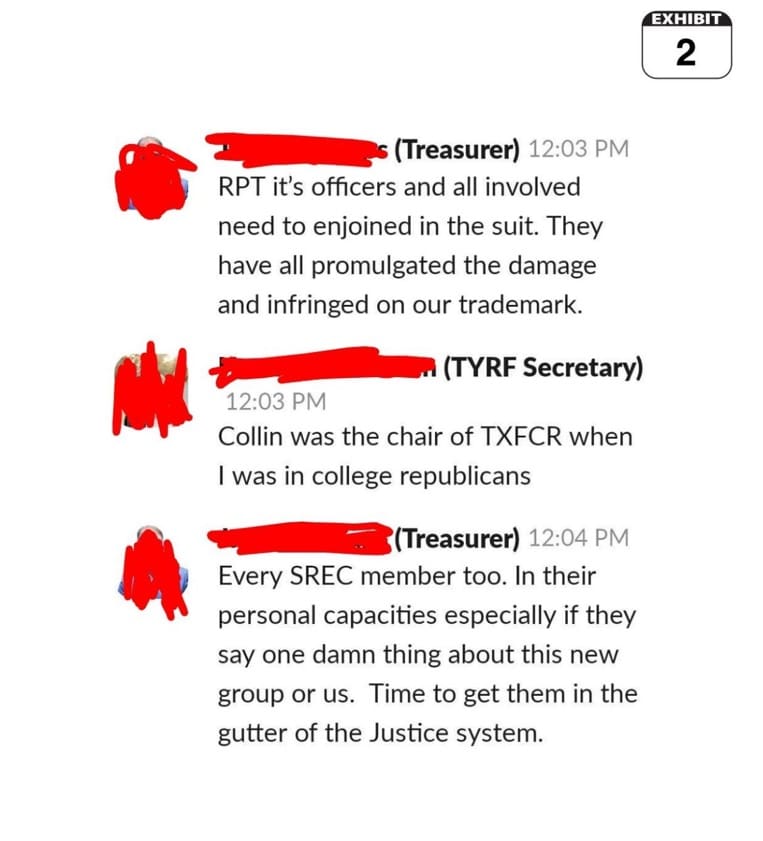 Exhibit 2: TYRF Treasurer urging YRT members be sued in their personal capacities and put in the gutter of the Justice system