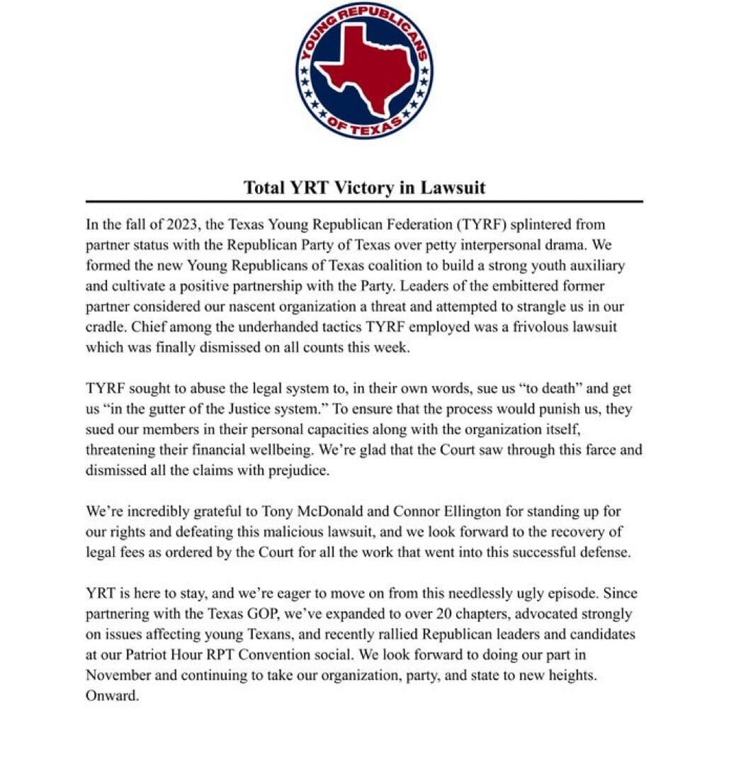 Young Republicans of Texas statement on the Texas Court of Appeals dismissing the TYRF lawsuit with prejudice